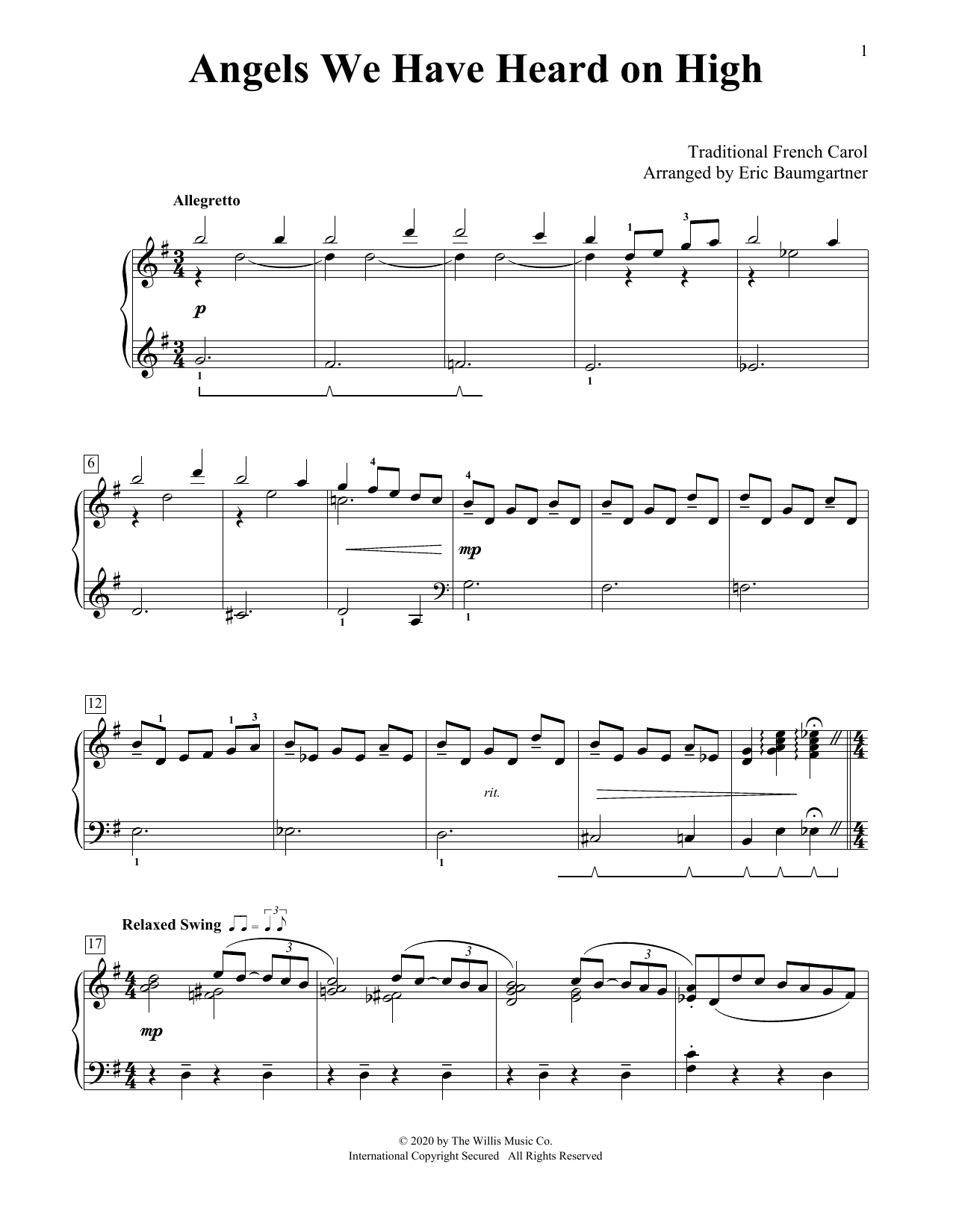 Traditional French Carol Angels We Have Heard On High [Jazz version] (arr. Eric Baumgartner) sheet music notes and chords arranged for Educational Piano