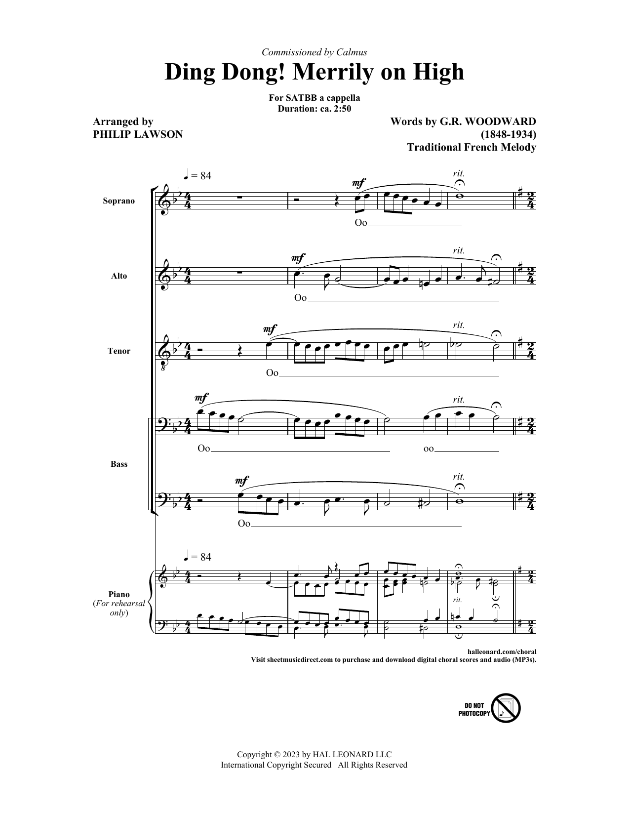 Traditional French Carol Ding Dong! Merrily On High (arr. Philip Lawson) sheet music notes and chords arranged for SATBB Choir