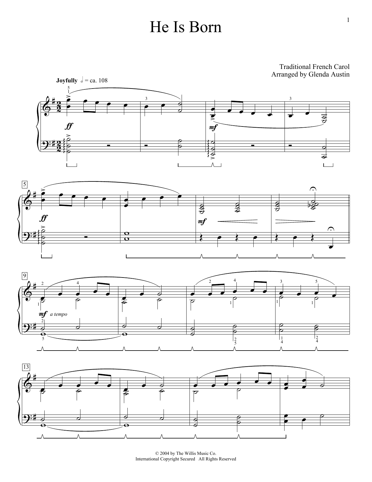 Traditional French Carol He Is Born (arr. Glenda Austin) sheet music notes and chords arranged for Piano Solo