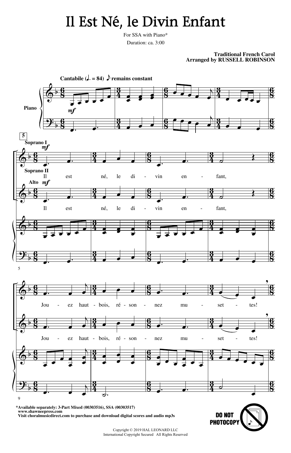 Traditional French Carol Il Est Ne, Le Divin Enfant (arr. Russell Robinson) sheet music notes and chords arranged for SSA Choir