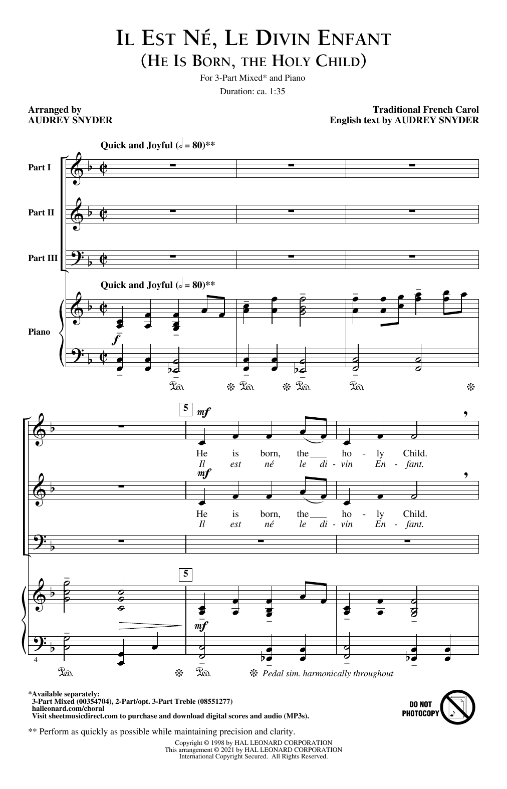 Traditional French Carol Il Est Né, Le Divin Enfant (He Is Born, The Holy Child) (arr. Audrey Snyder) sheet music notes and chords arranged for 3-Part Mixed Choir