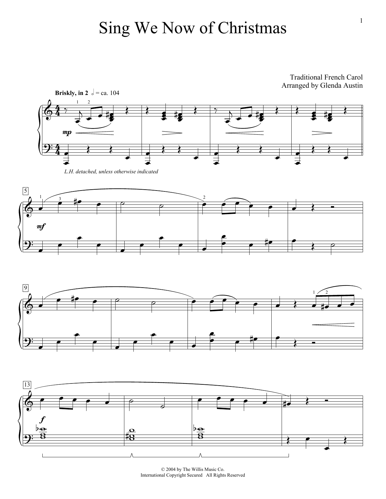 Traditional French Carol Sing We Now Of Christmas (arr. Glenda Austin) sheet music notes and chords arranged for Piano Solo