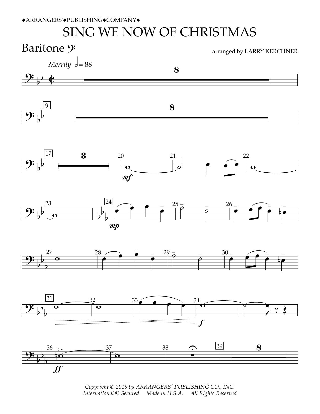 Traditional French Carol Sing We Now of Christmas (arr. Larry Kerchner) - Baritone B.C. sheet music notes and chords arranged for Concert Band