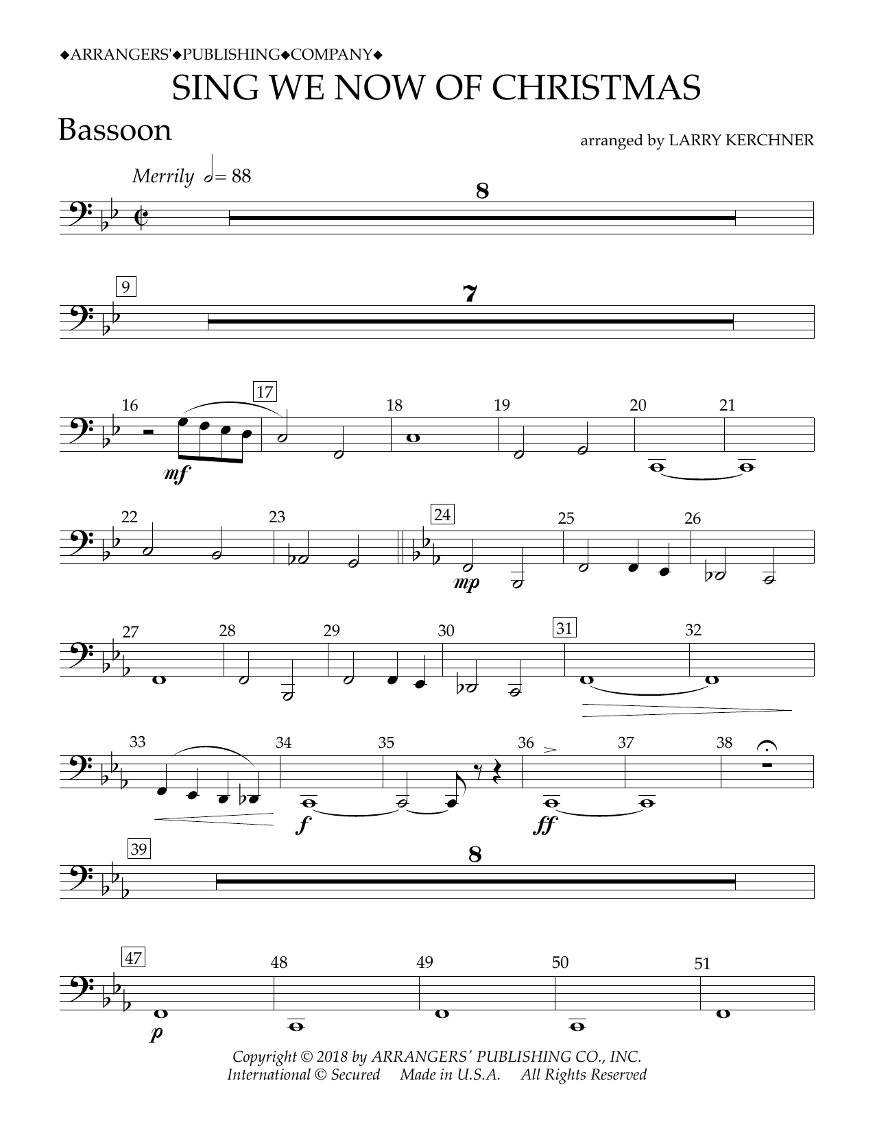 Traditional French Carol Sing We Now of Christmas (arr. Larry Kerchner) - Bassoon sheet music notes and chords arranged for Concert Band
