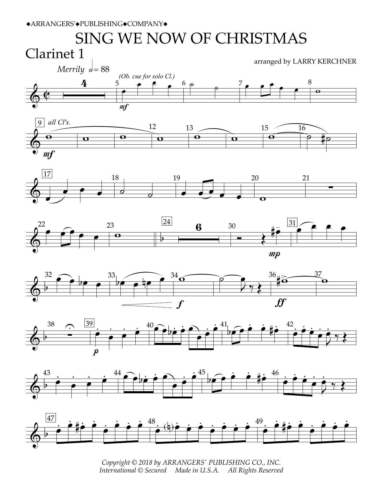 Traditional French Carol Sing We Now of Christmas (arr. Larry Kerchner) - Bb Clarinet 1 sheet music notes and chords arranged for Concert Band