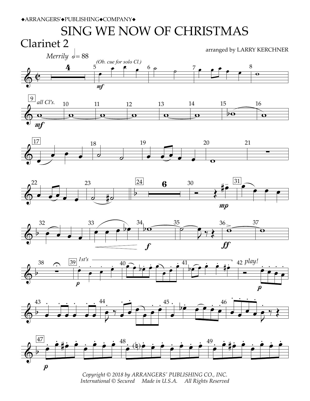 Traditional French Carol Sing We Now of Christmas (arr. Larry Kerchner) - Bb Clarinet 2 sheet music notes and chords arranged for Concert Band