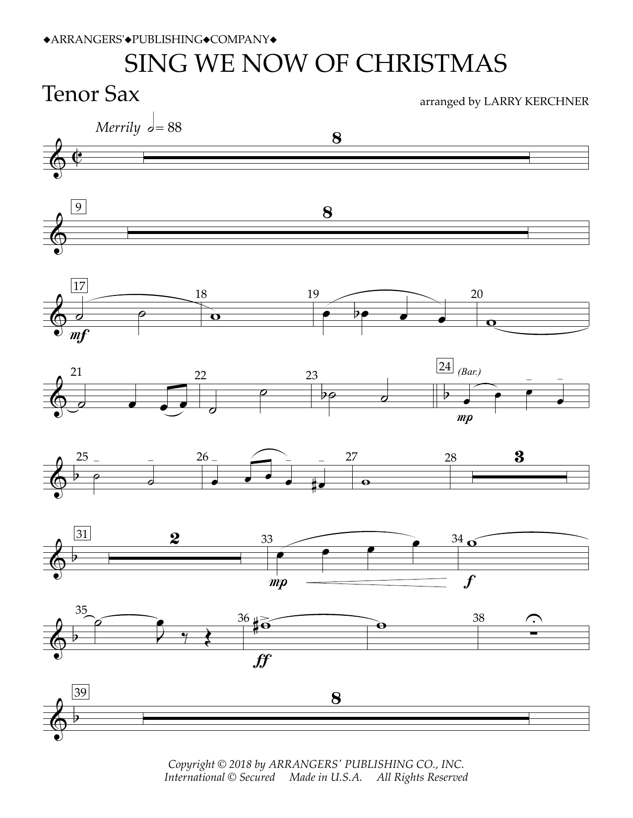 Traditional French Carol Sing We Now of Christmas (arr. Larry Kerchner) - Bb Tenor Saxophone sheet music notes and chords arranged for Concert Band
