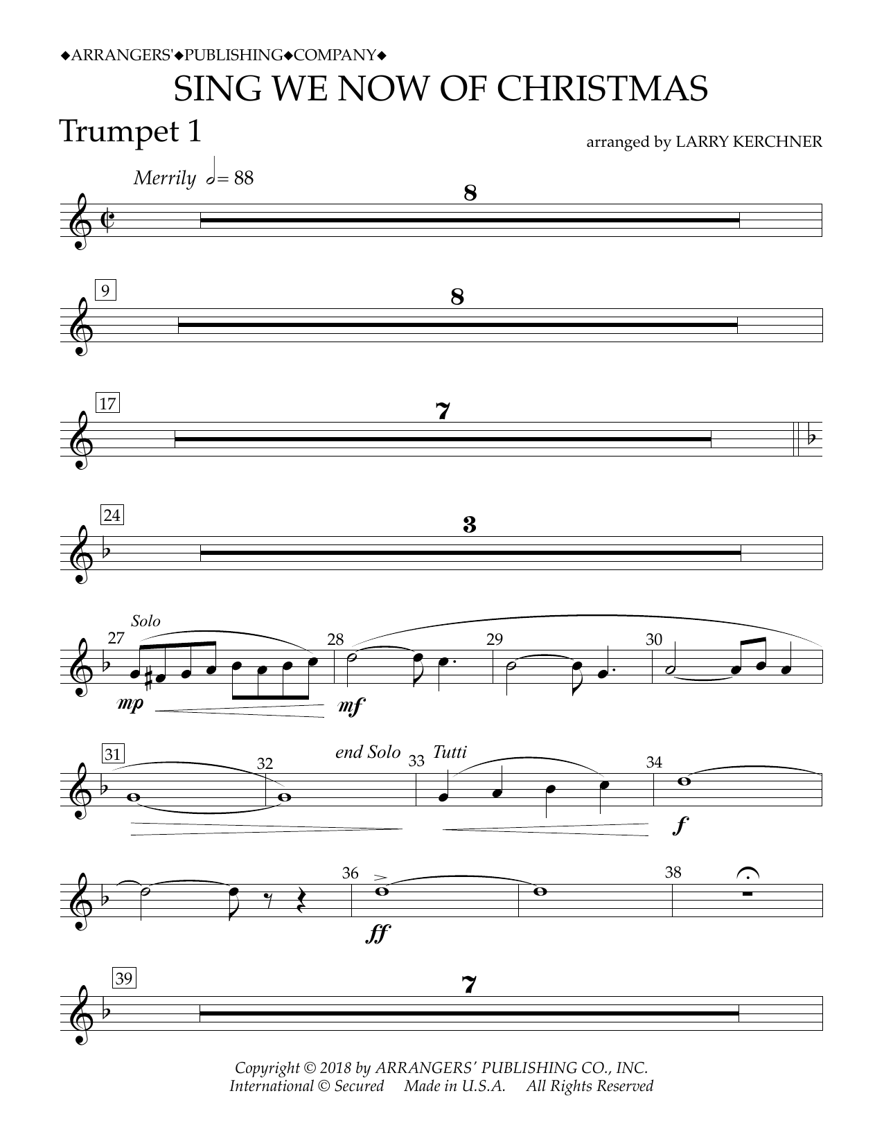 Traditional French Carol Sing We Now of Christmas (arr. Larry Kerchner) - Bb Trumpet 1 sheet music notes and chords arranged for Concert Band