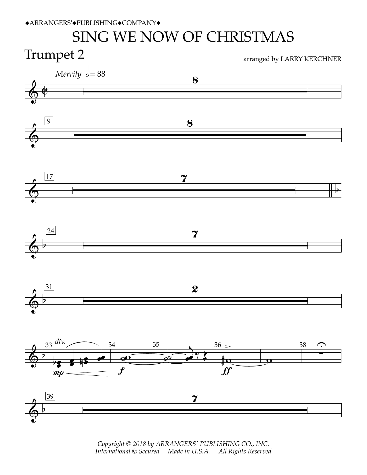 Traditional French Carol Sing We Now of Christmas (arr. Larry Kerchner) - Bb Trumpet 2 sheet music notes and chords arranged for Concert Band