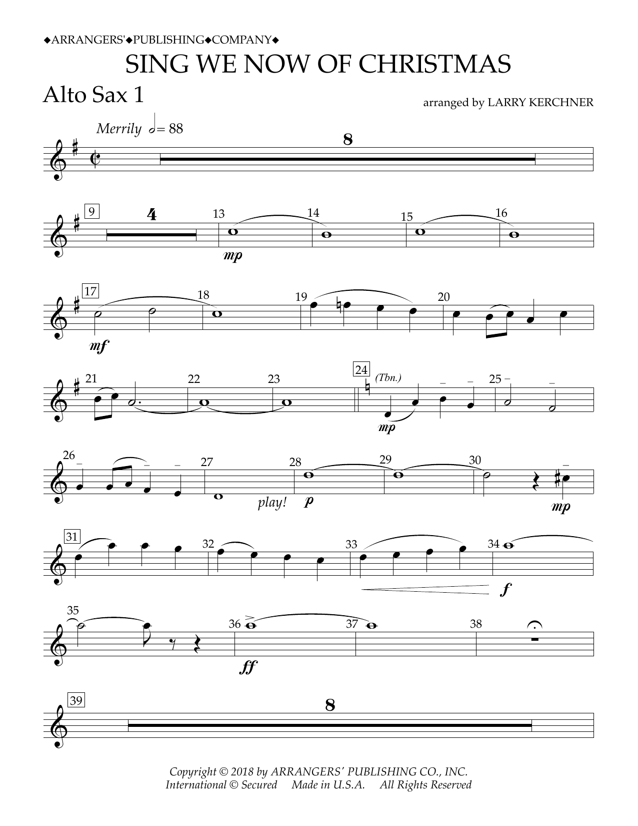 Traditional French Carol Sing We Now of Christmas (arr. Larry Kerchner) - Eb Alto Saxophone 1 sheet music notes and chords arranged for Concert Band