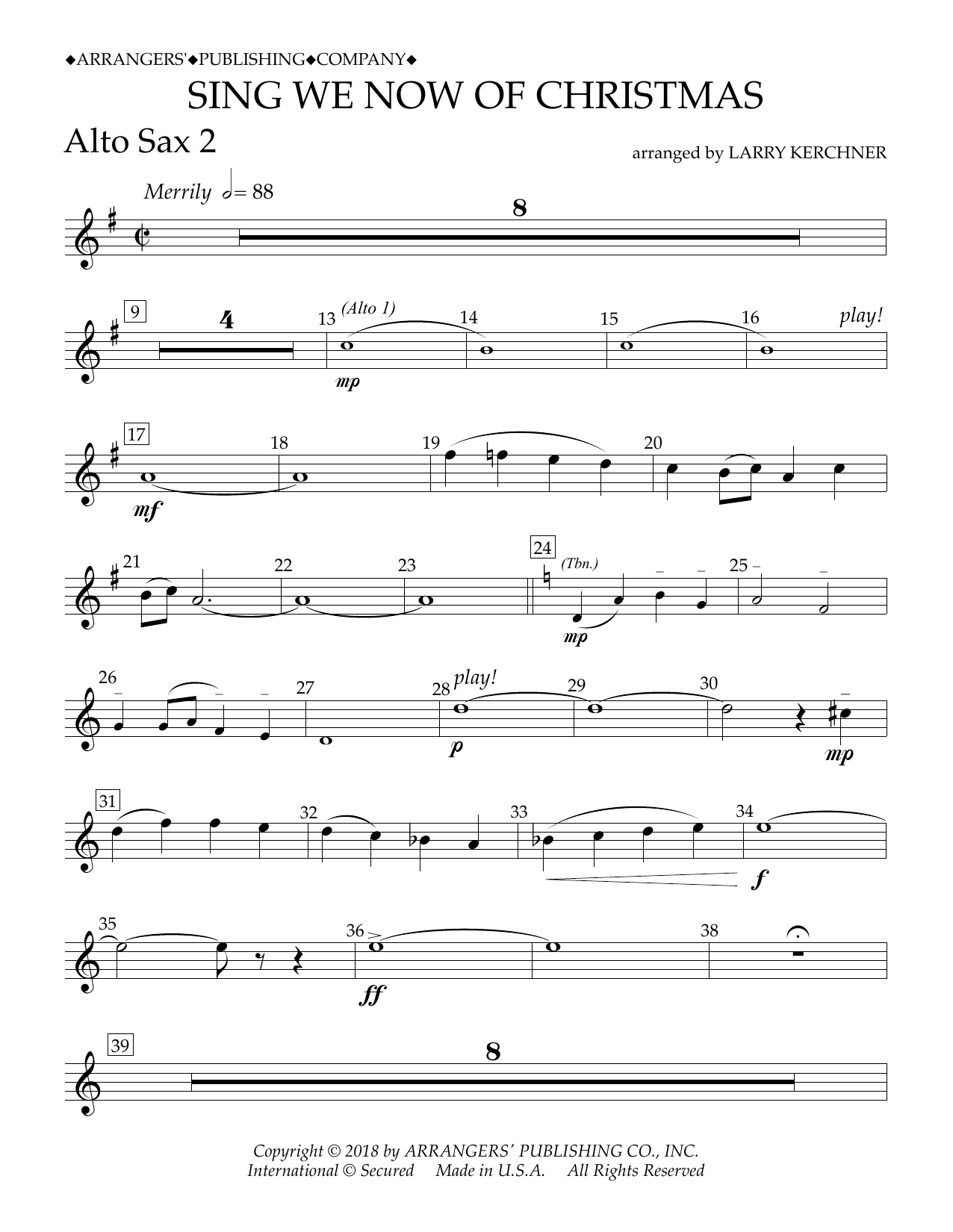 Traditional French Carol Sing We Now of Christmas (arr. Larry Kerchner) - Eb Alto Saxophone 2 sheet music notes and chords arranged for Concert Band