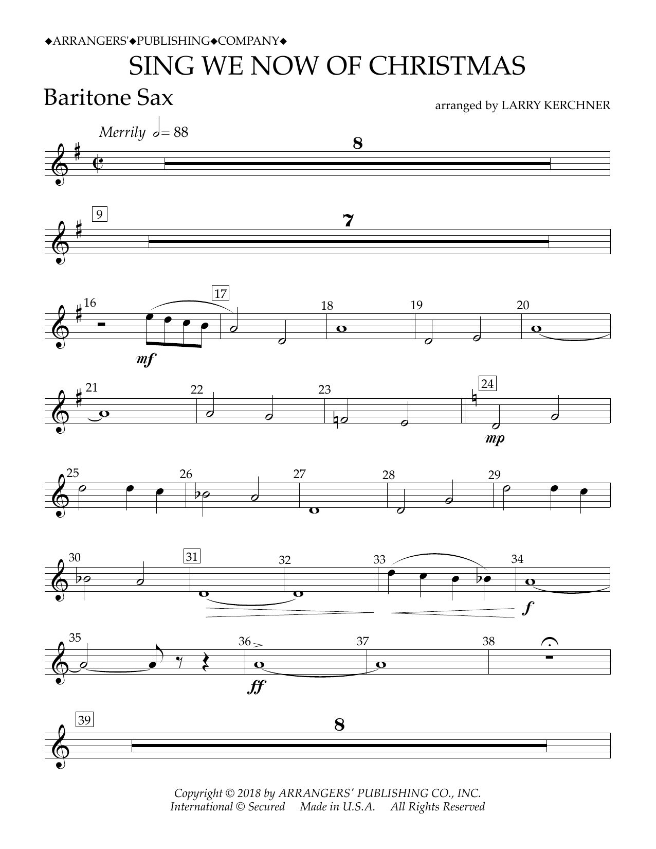 Traditional French Carol Sing We Now of Christmas (arr. Larry Kerchner) - Eb Baritone Saxophone sheet music notes and chords arranged for Concert Band