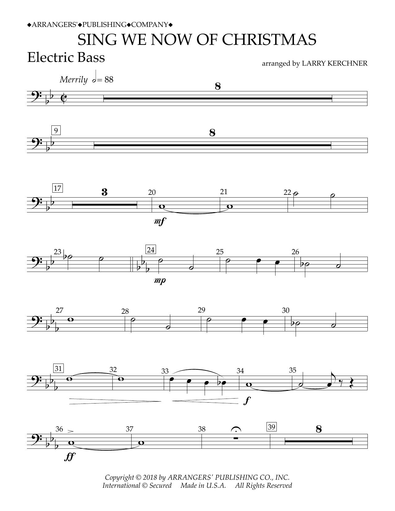Traditional French Carol Sing We Now of Christmas (arr. Larry Kerchner) - Electric Bass sheet music notes and chords arranged for Concert Band