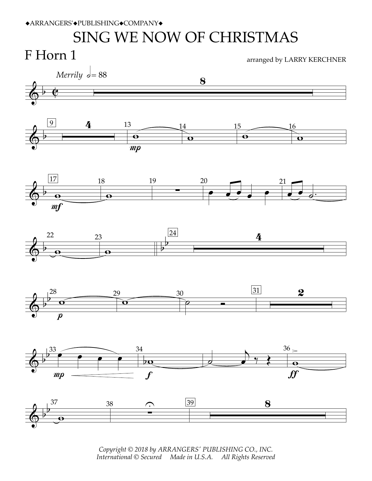 Traditional French Carol Sing We Now of Christmas (arr. Larry Kerchner) - F Horn 1 sheet music notes and chords arranged for Concert Band