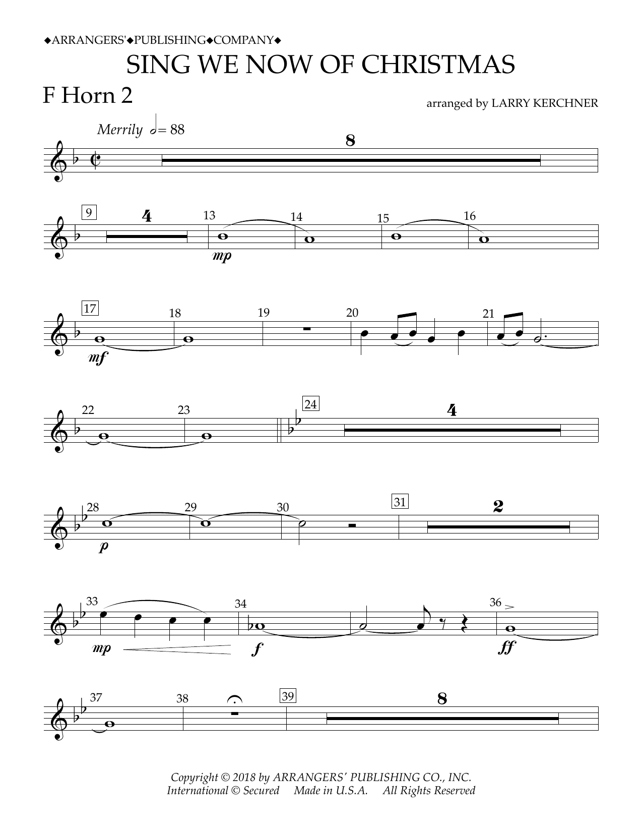 Traditional French Carol Sing We Now of Christmas (arr. Larry Kerchner) - F Horn 2 sheet music notes and chords arranged for Concert Band