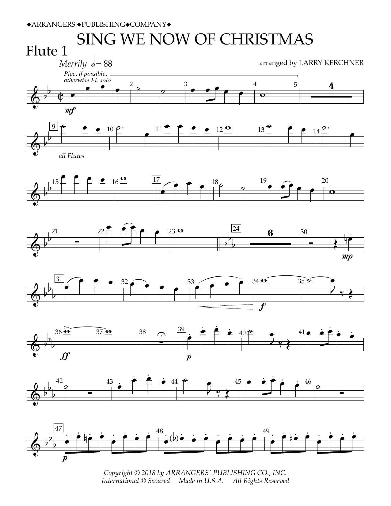 Traditional French Carol Sing We Now of Christmas (arr. Larry Kerchner) - Flute 1 sheet music notes and chords arranged for Concert Band