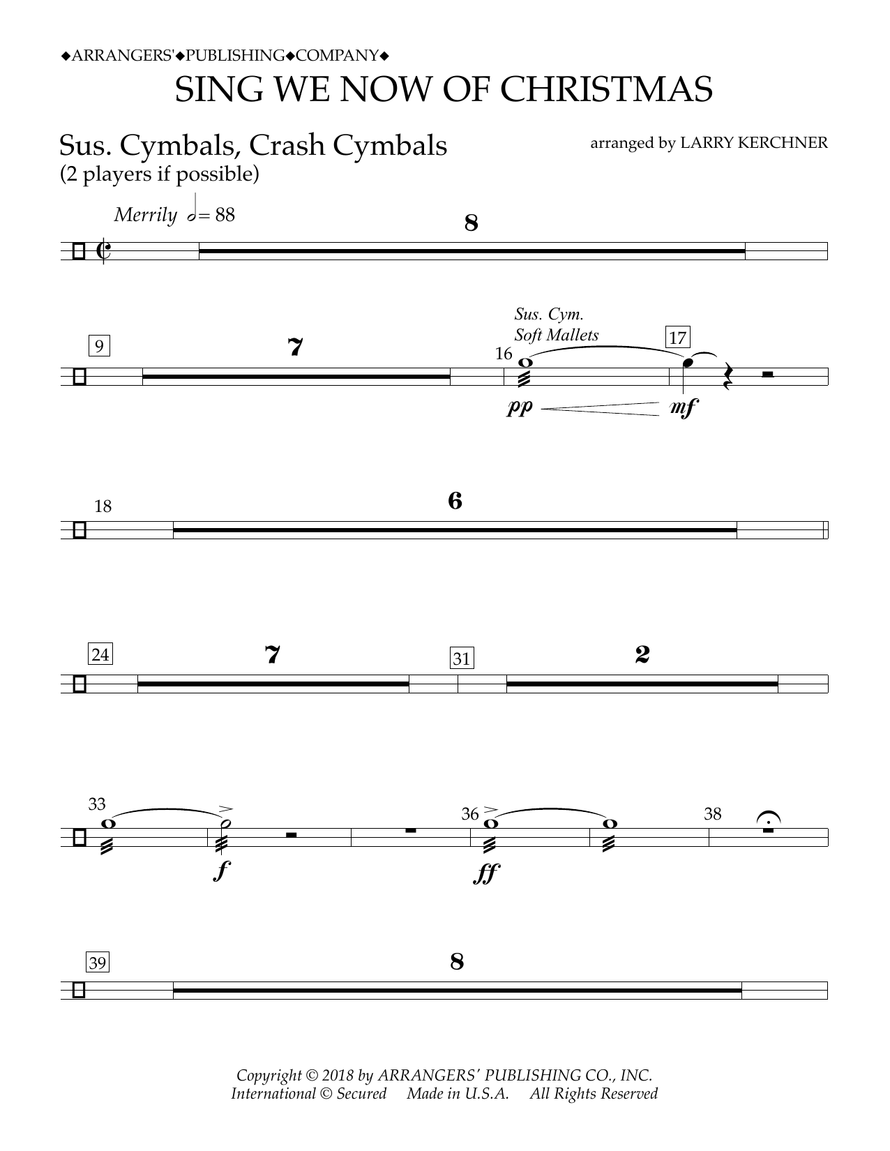 Traditional French Carol Sing We Now of Christmas (arr. Larry Kerchner) - Sus. Cym./Cr. Cym. sheet music notes and chords arranged for Concert Band