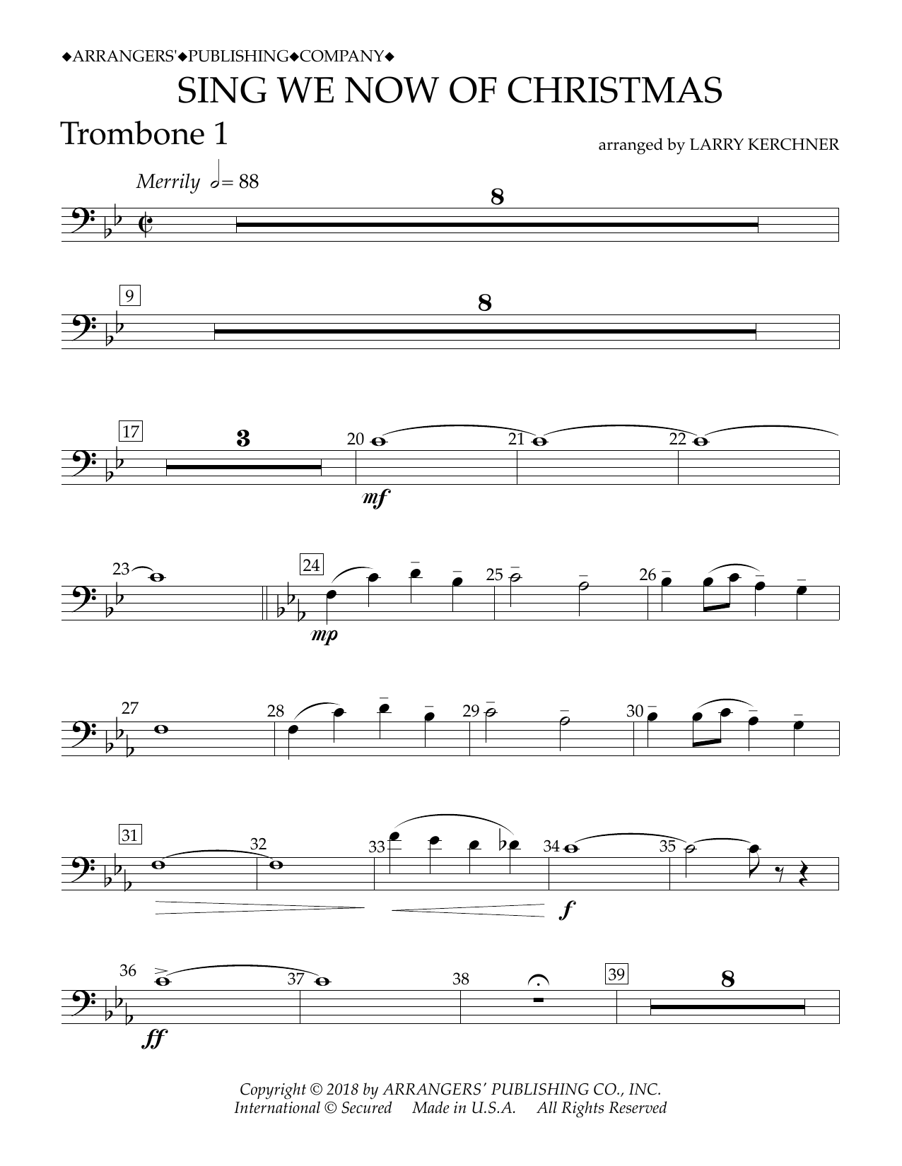 Traditional French Carol Sing We Now of Christmas (arr. Larry Kerchner) - Trombone 1 sheet music notes and chords arranged for Concert Band