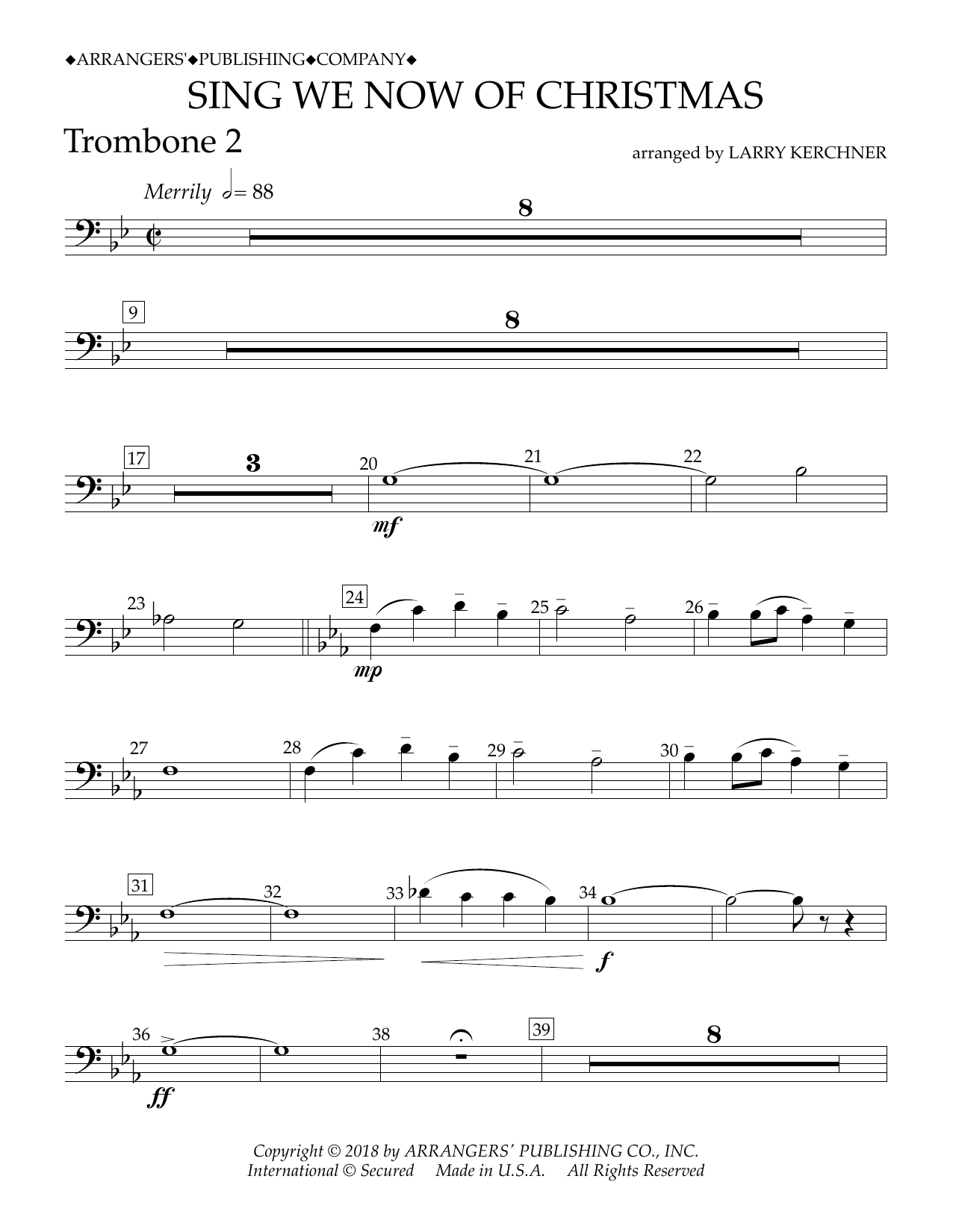 Traditional French Carol Sing We Now of Christmas (arr. Larry Kerchner) - Trombone 2 sheet music notes and chords arranged for Concert Band