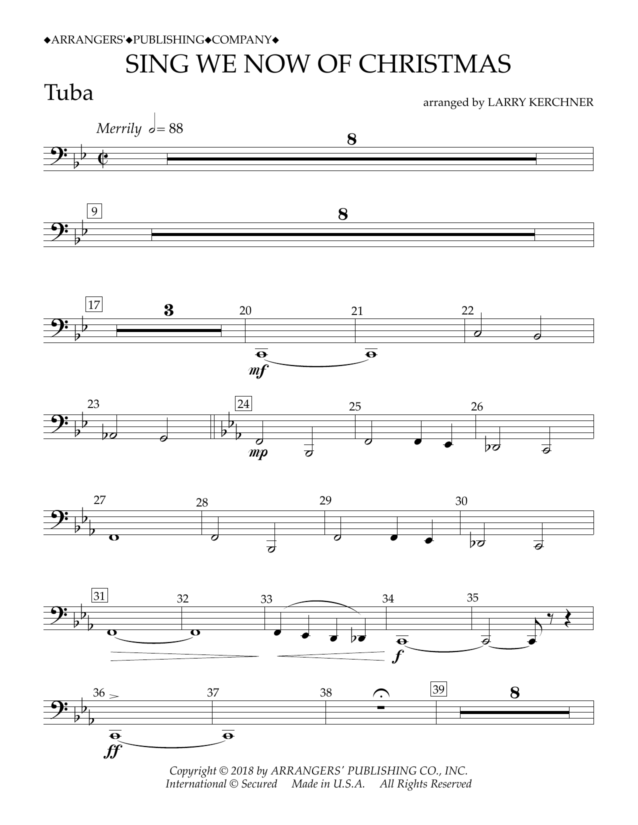 Traditional French Carol Sing We Now of Christmas (arr. Larry Kerchner) - Tuba sheet music notes and chords arranged for Concert Band