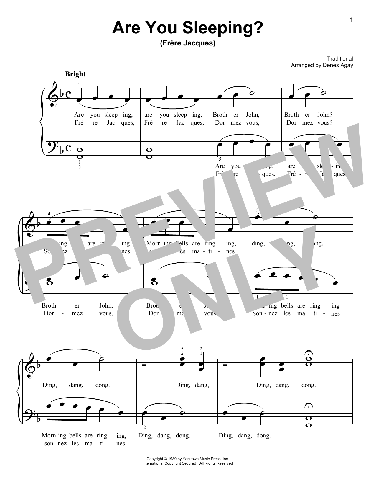 Traditional Frere Jacques (Are You Sleeping?) (arr. Denes Agay) sheet music notes and chords arranged for Easy Piano