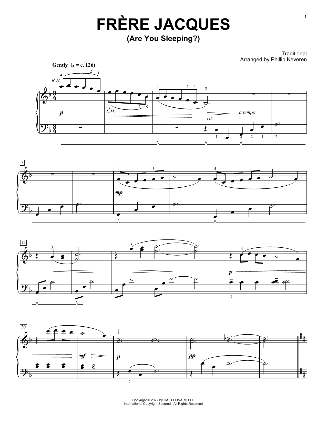 Traditional Frere Jacques (Are You Sleeping?) (arr. Phillip Keveren) sheet music notes and chords arranged for Piano Solo