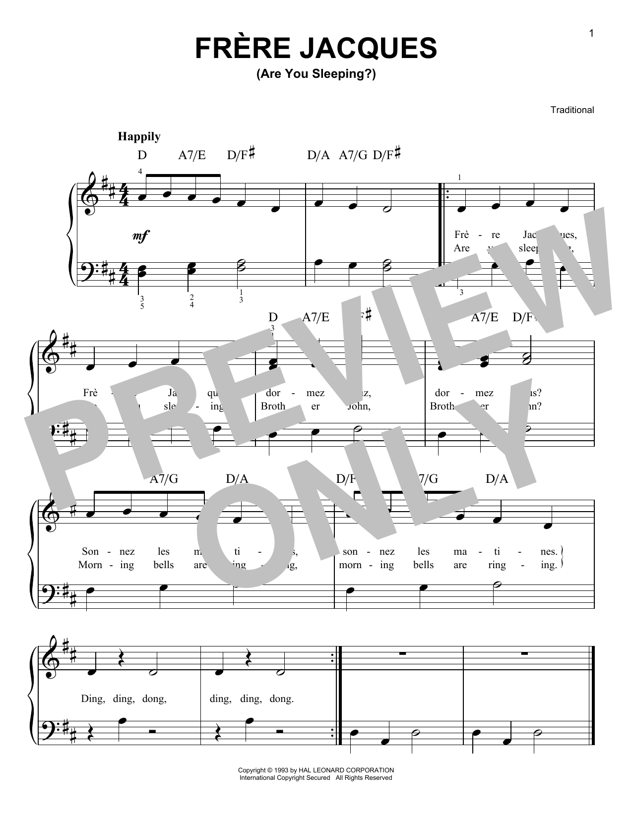 Traditional Frere Jacques (Are You Sleeping?) sheet music notes and chords arranged for Super Easy Piano