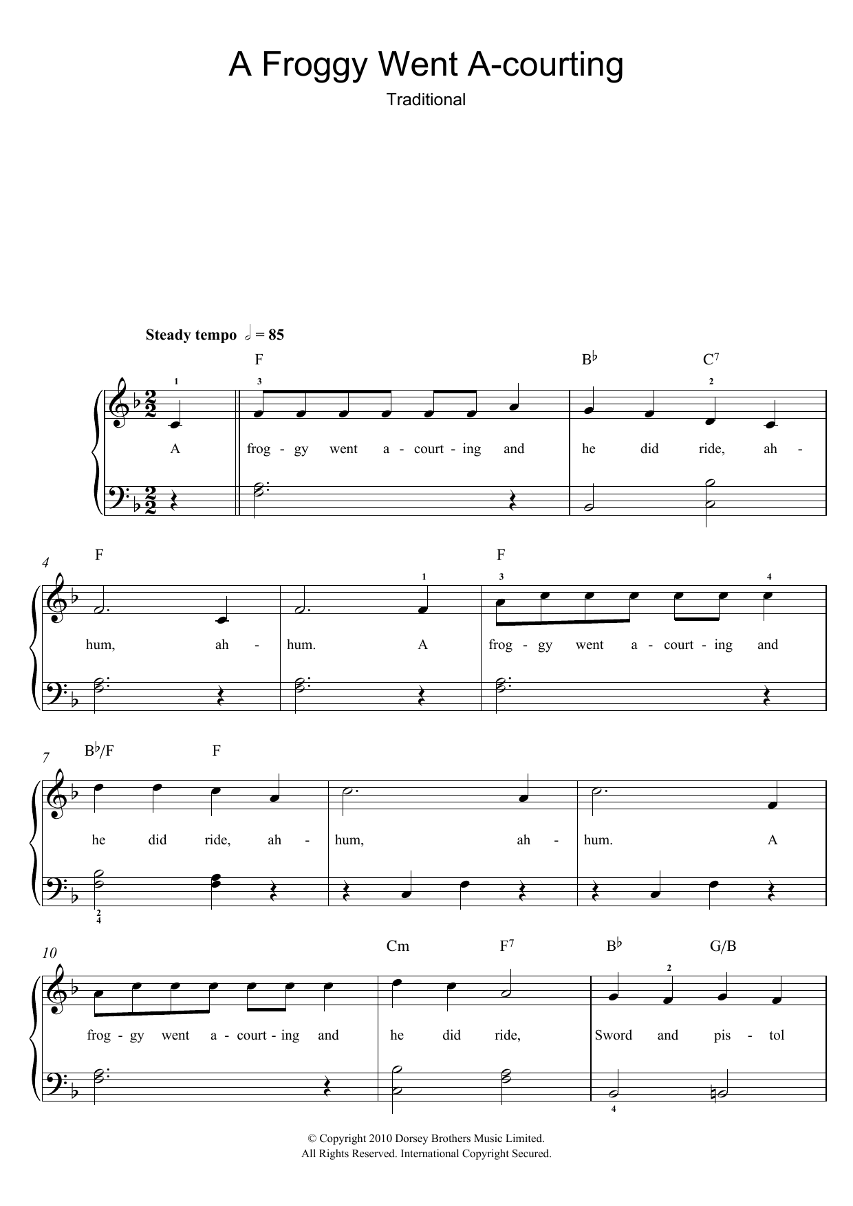 Traditional Froggy Went A-Courting sheet music notes and chords arranged for Easy Piano