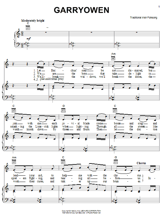Traditional Gary Owen sheet music notes and chords arranged for Piano, Vocal & Guitar Chords (Right-Hand Melody)