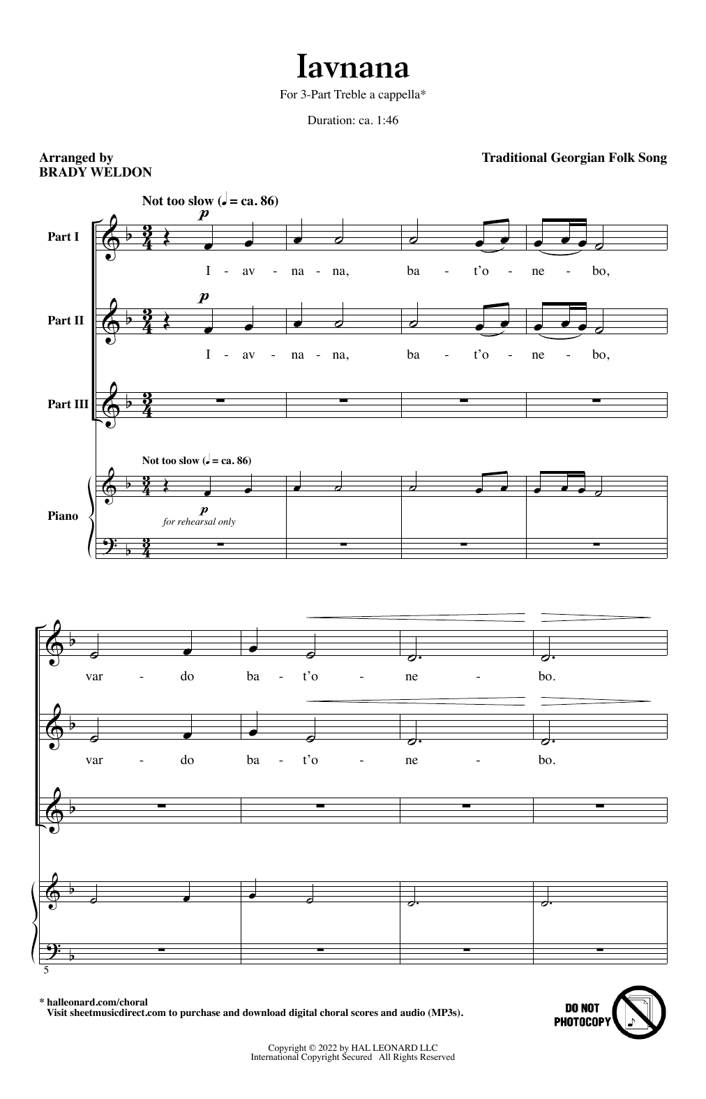 Traditional Georgian Folk Song Iavnana (arr. Brady Weldon) sheet music notes and chords arranged for 3-Part Treble Choir