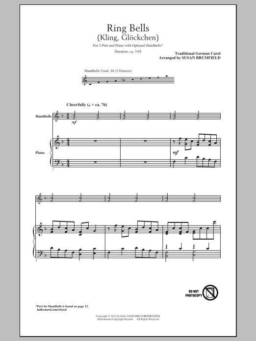 Traditional German Carol Kling, Glockchen (Ring, Merry Bell) (arr. Susan Brumfield) sheet music notes and chords arranged for 2-Part Choir