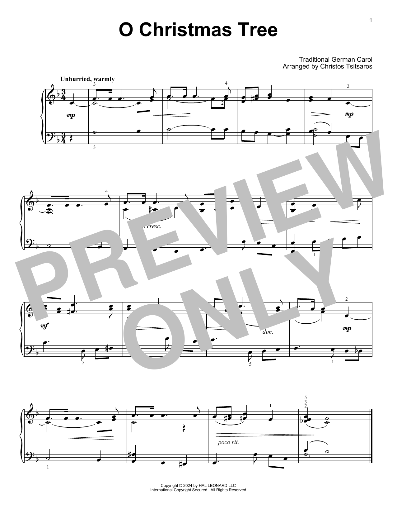 Traditional German Carol O Christmas Tree (arr. Christos Tsitsaros) sheet music notes and chords arranged for Easy Piano Solo