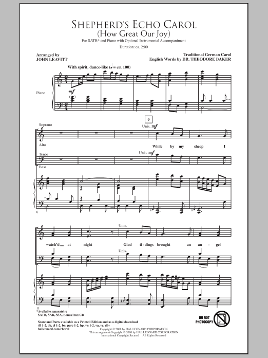 Traditional German Carol Shepherd's Echo Carol (How Great Our Joy) (arr. John Leavitt) sheet music notes and chords arranged for SATB Choir