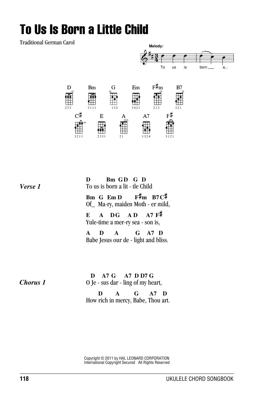 Traditional German Carol To Us Is Born A Little Child sheet music notes and chords arranged for Ukulele Chords/Lyrics