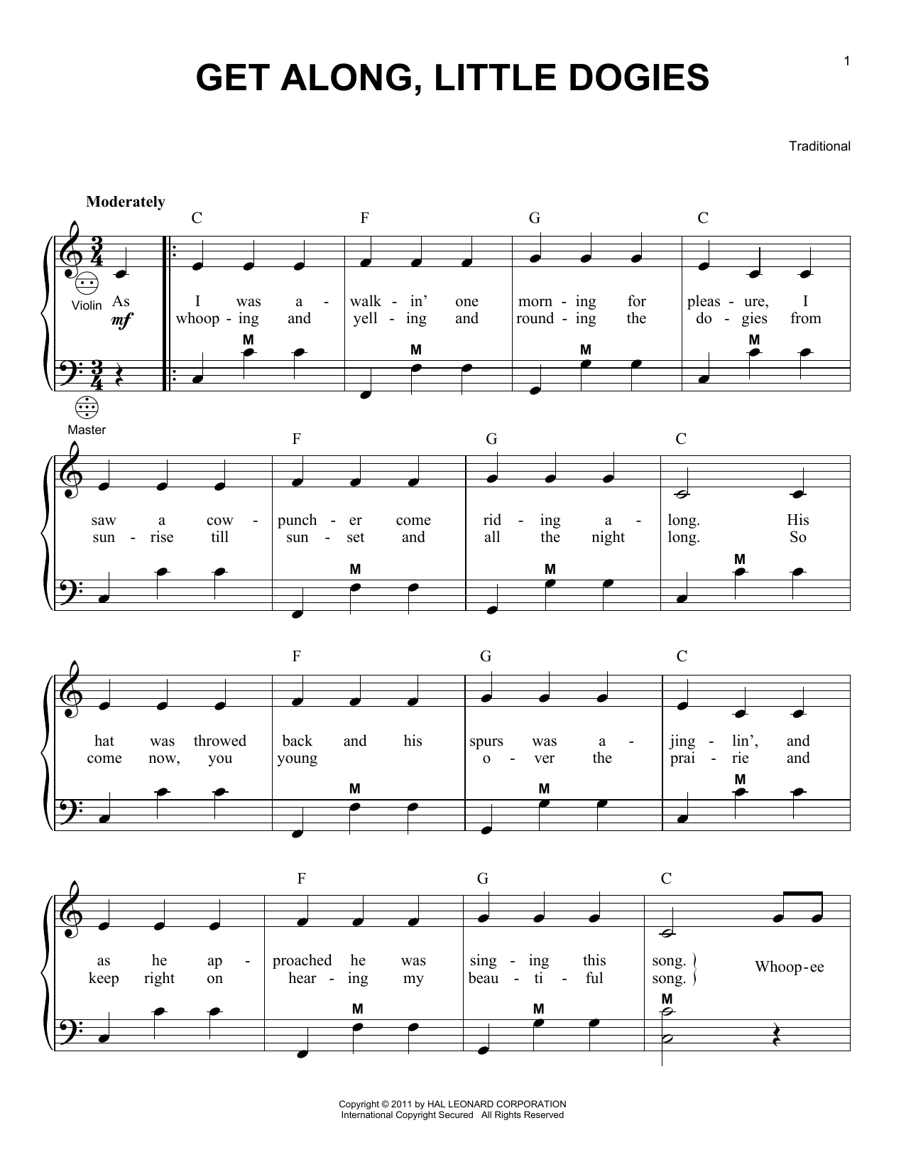 Traditional Get Along, Little Dogies sheet music notes and chords arranged for Piano, Vocal & Guitar Chords (Right-Hand Melody)