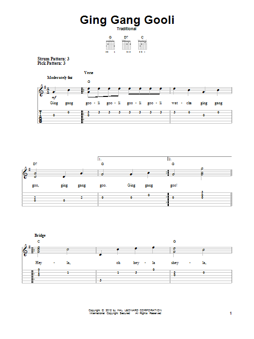 Traditional Ging Gang Gooli sheet music notes and chords arranged for Easy Guitar Tab