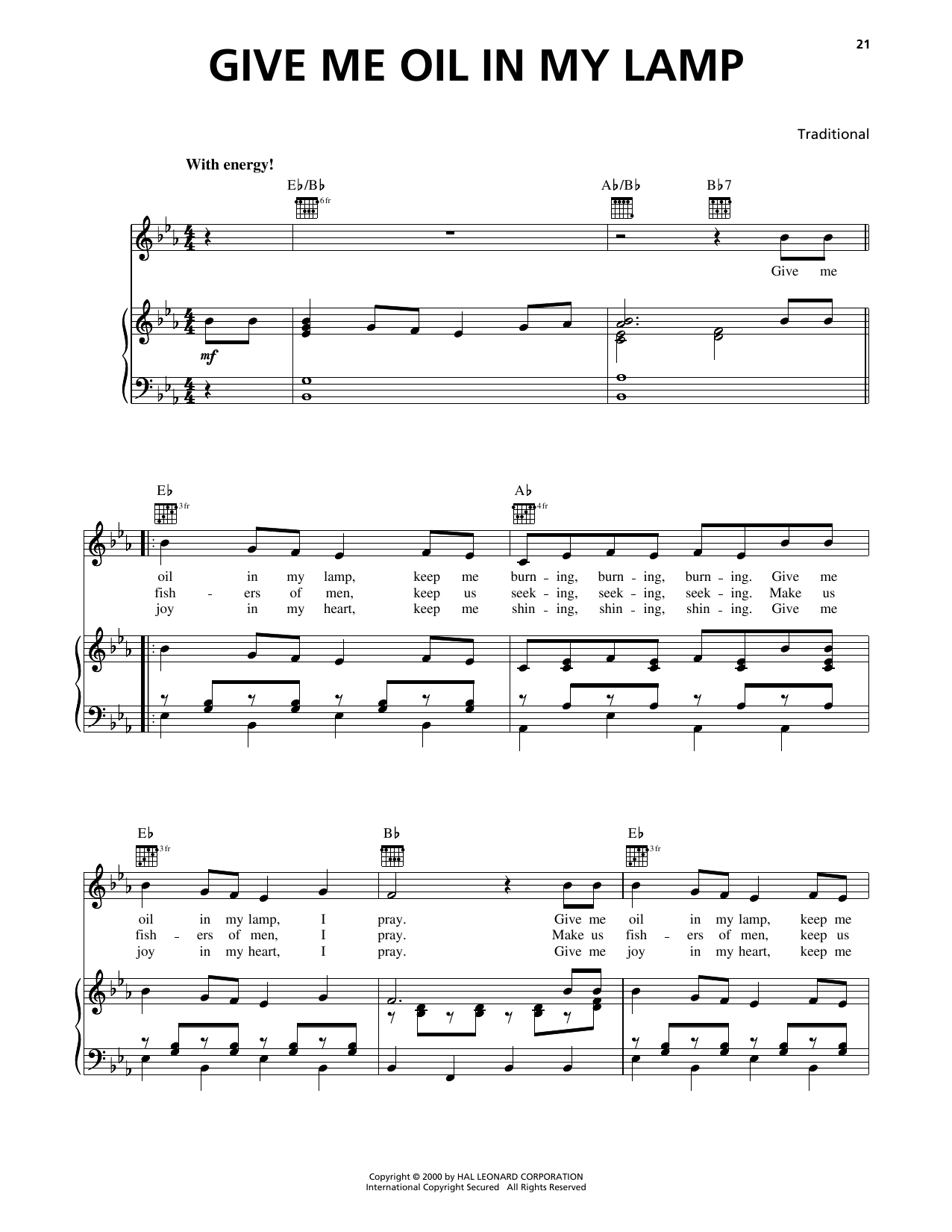 Traditional Give Me Oil In My Lamp sheet music notes and chords arranged for Piano, Vocal & Guitar Chords (Right-Hand Melody)