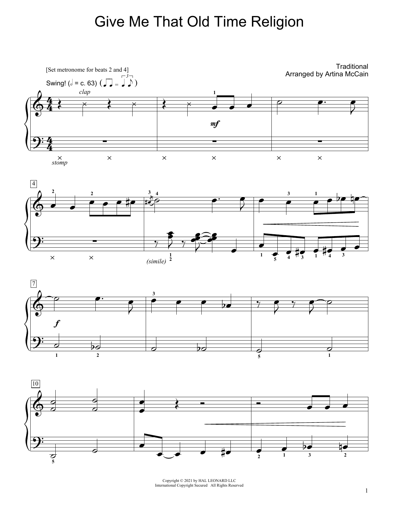 Traditional Give Me That Old Time Religion (arr. Artina McCain) sheet music notes and chords arranged for Educational Piano