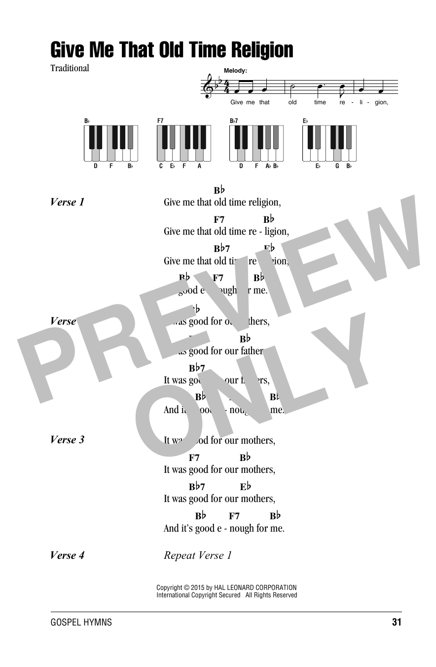 Traditional Give Me That Old Time Religion sheet music notes and chords arranged for Easy Piano