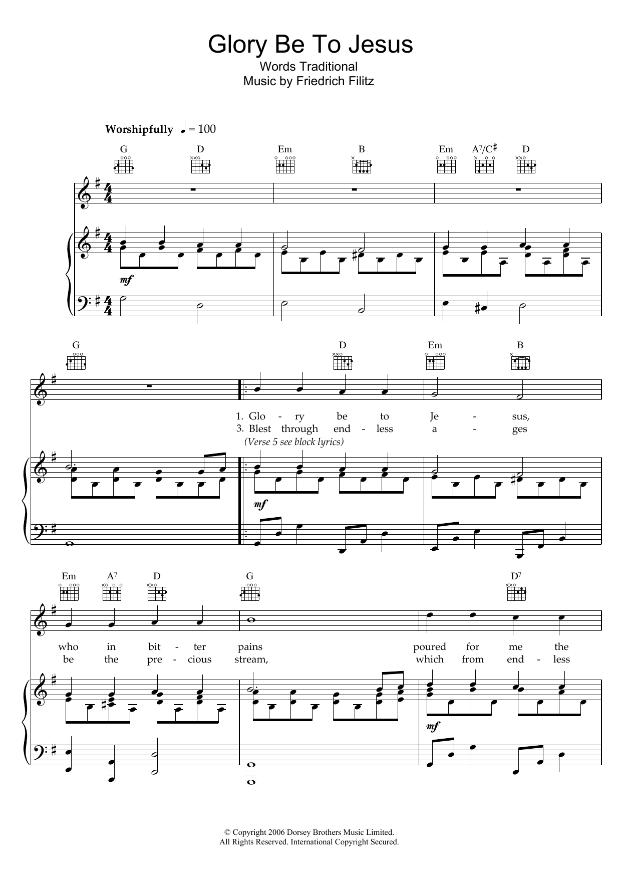 Traditional Glory Be To Jesus sheet music notes and chords arranged for Piano, Vocal & Guitar Chords