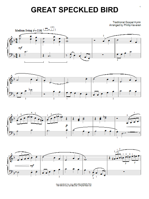 Traditional Gospel Hymn Great Speckled Bird (arr. Phillip Keveren) sheet music notes and chords arranged for Piano Solo