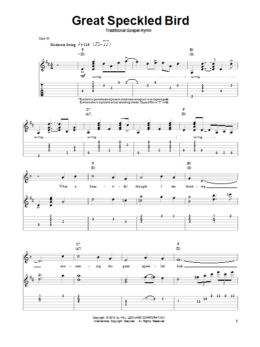 Traditional Gospel Hymn Great Speckled Bird sheet music notes and chords arranged for Guitar Tab (Single Guitar)