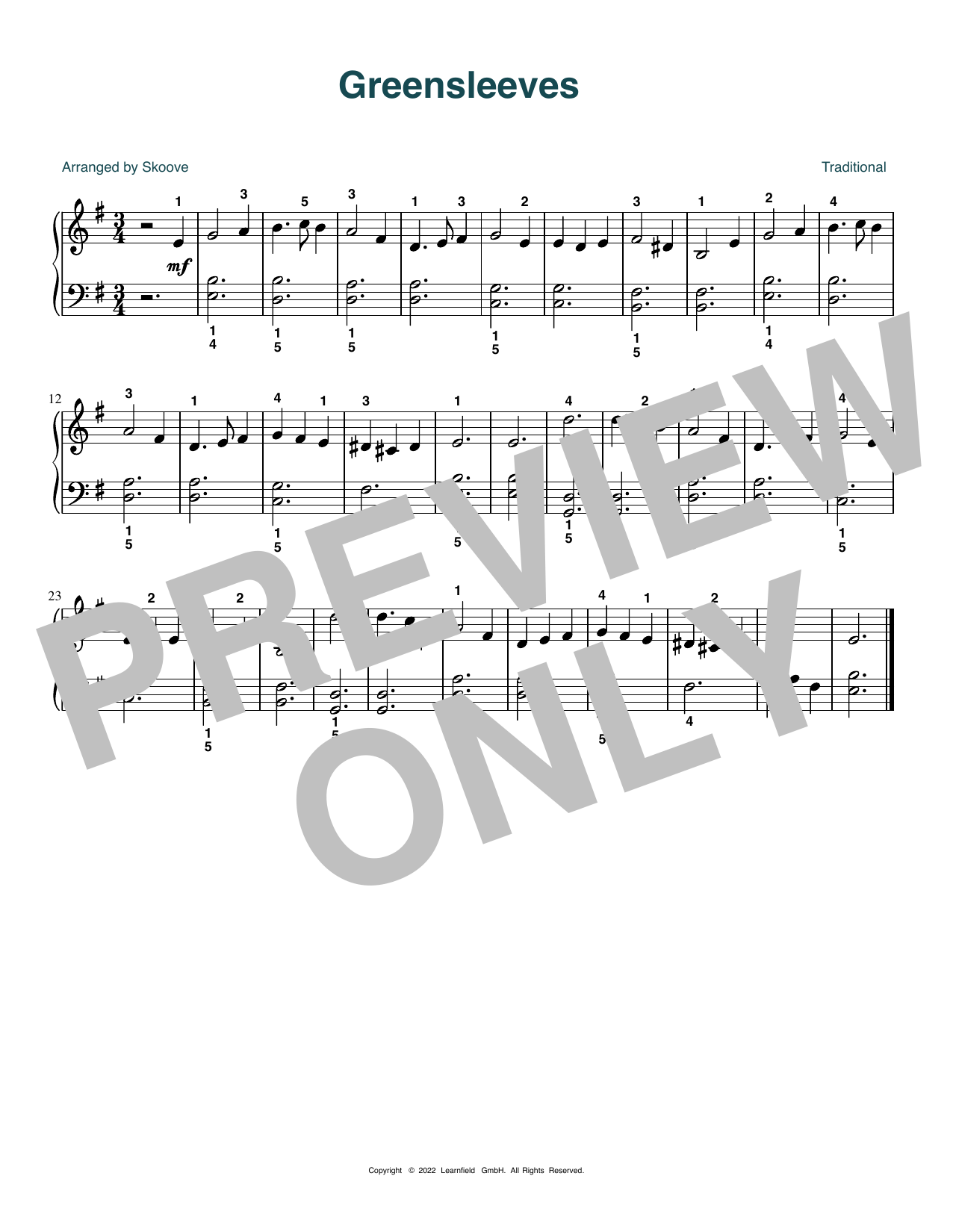 Traditional Greensleeves (arr. Skoove) sheet music notes and chords arranged for Easy Piano