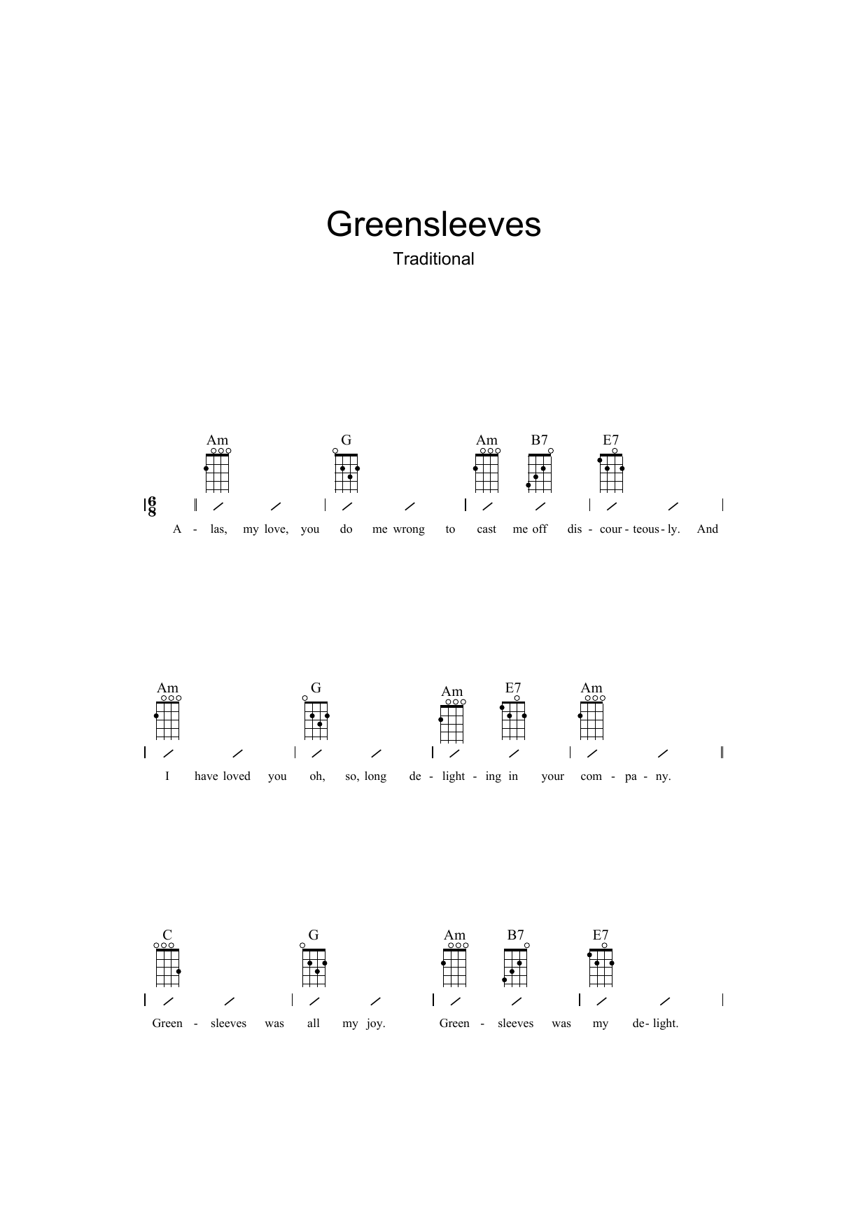 Traditional Greensleeves sheet music notes and chords arranged for Ukulele Chords/Lyrics