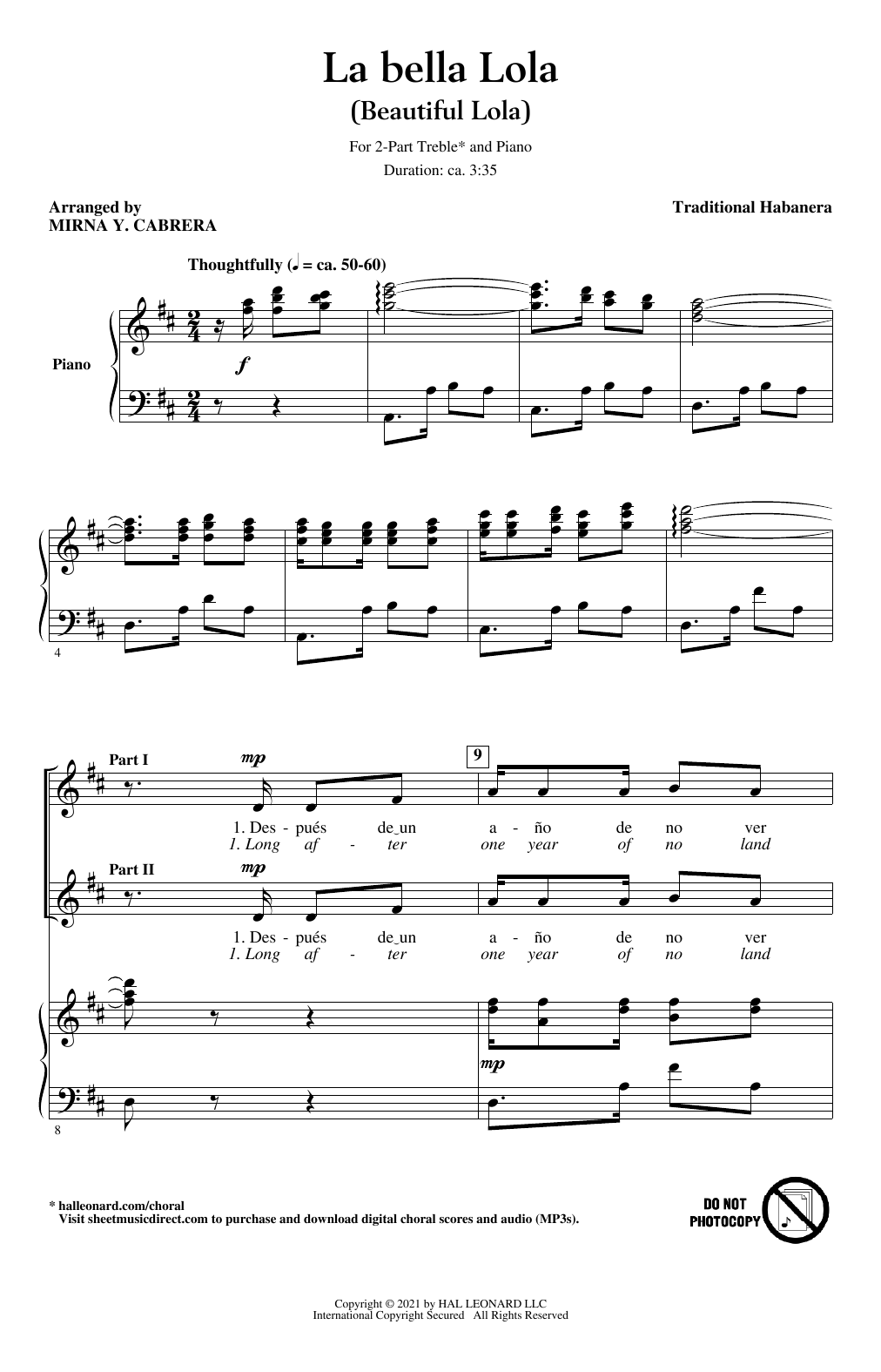 Traditional Habanera La Bella Lola (Beautiful Lola) (arr. Mirna Y. Cabrera) sheet music notes and chords arranged for 2-Part Choir