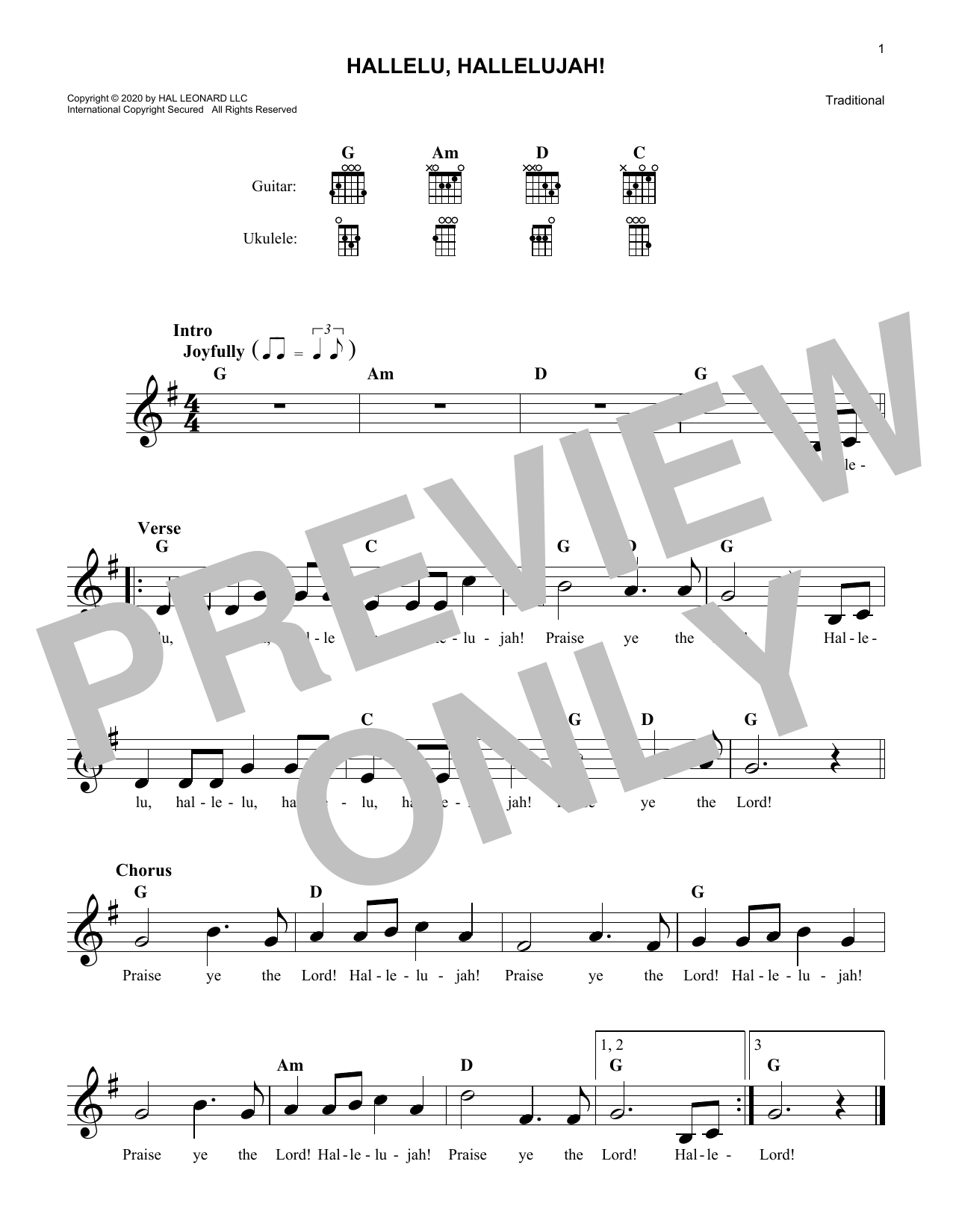 Traditional Hallelu, Hallelujah! sheet music notes and chords arranged for 5-Finger Piano