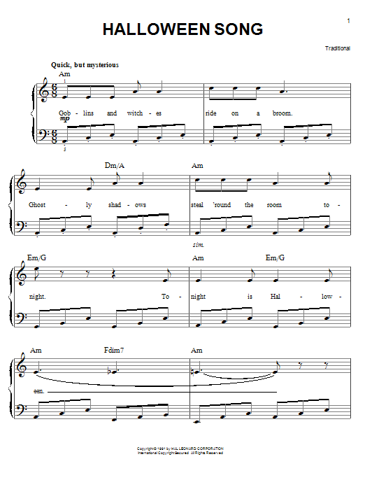 Traditional Halloween Song sheet music notes and chords arranged for Piano, Vocal & Guitar Chords (Right-Hand Melody)