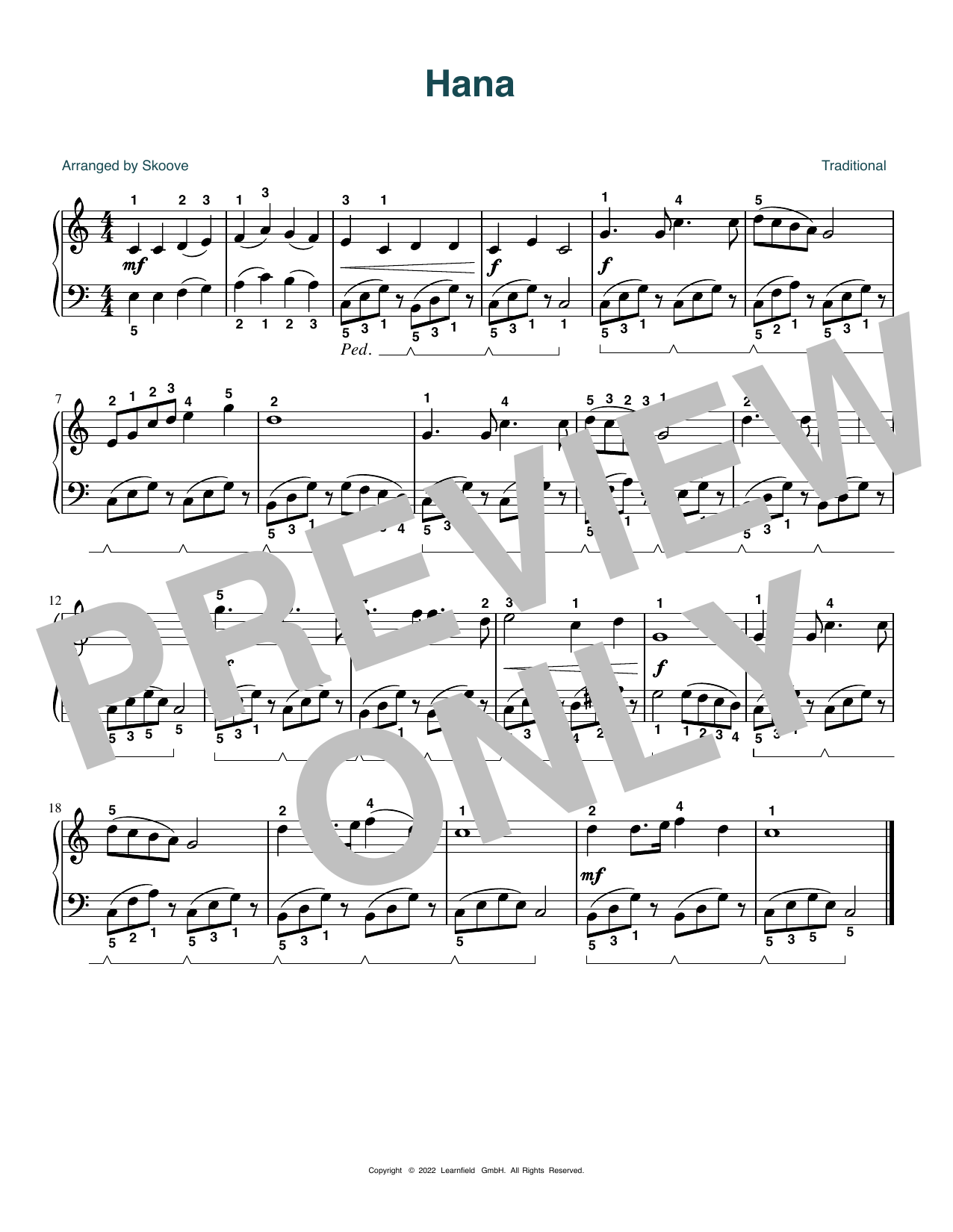 Traditional Hana (arr. Skoove) sheet music notes and chords arranged for Easy Piano