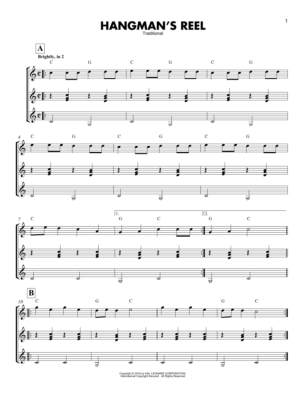 Traditional Hangman's Reel sheet music notes and chords arranged for Guitar Ensemble