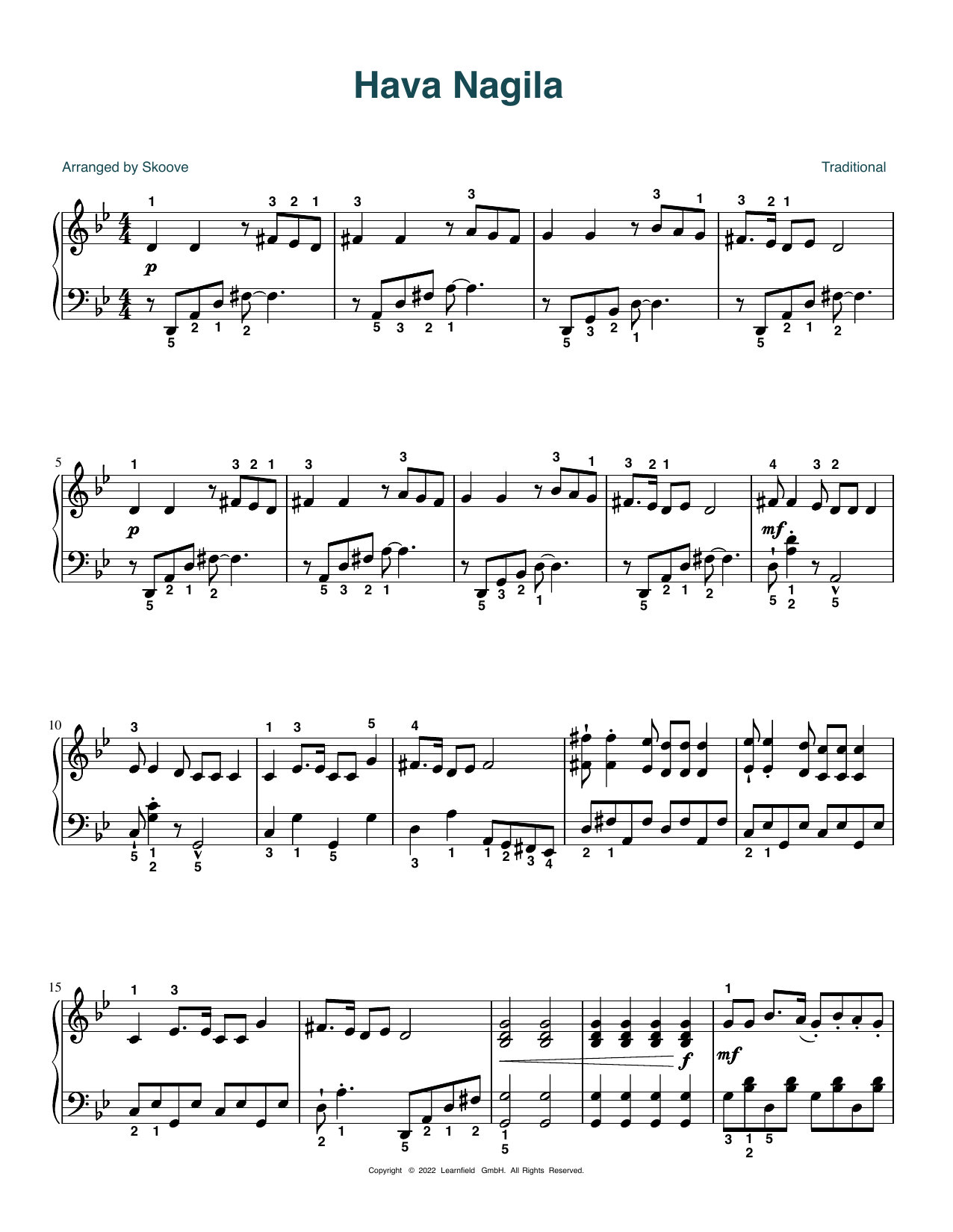 Traditional Hava Nagila (arr. Skoove) sheet music notes and chords arranged for Piano Solo